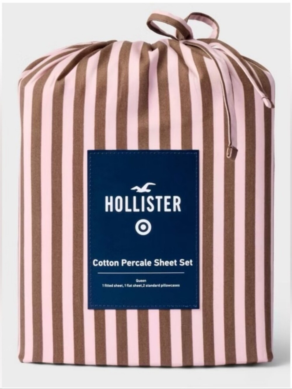 QUEEN Hollister Target Percale 4pc Sheet Set Pink Brown Stripe NEW IN PACKAGE